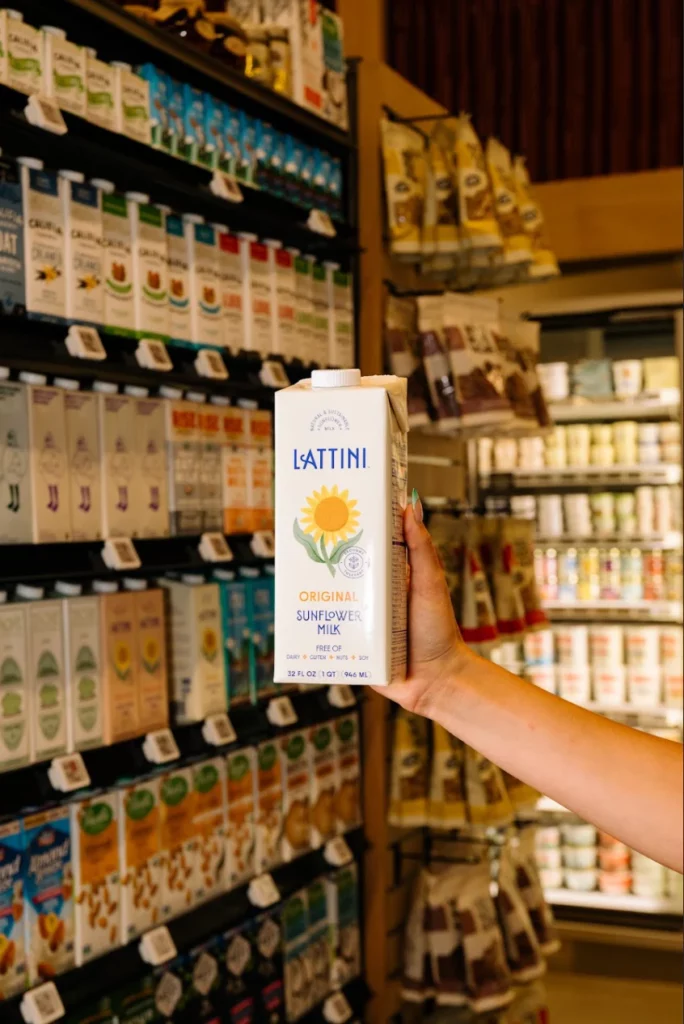 carton of Lattini sunflower milk at grocery store