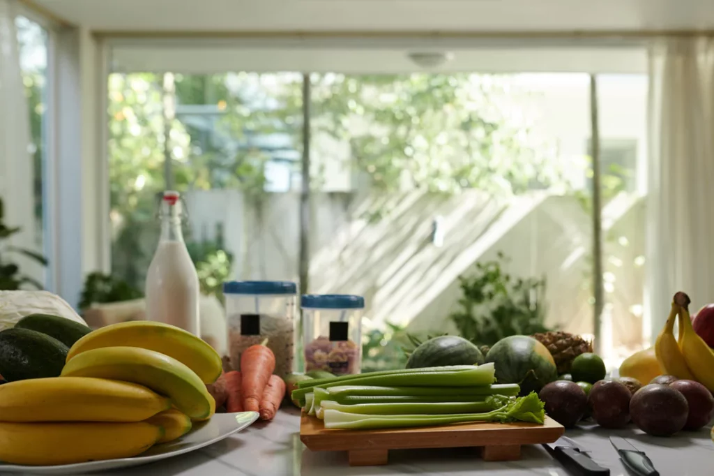 counter in kitchen with sustainable foods on it