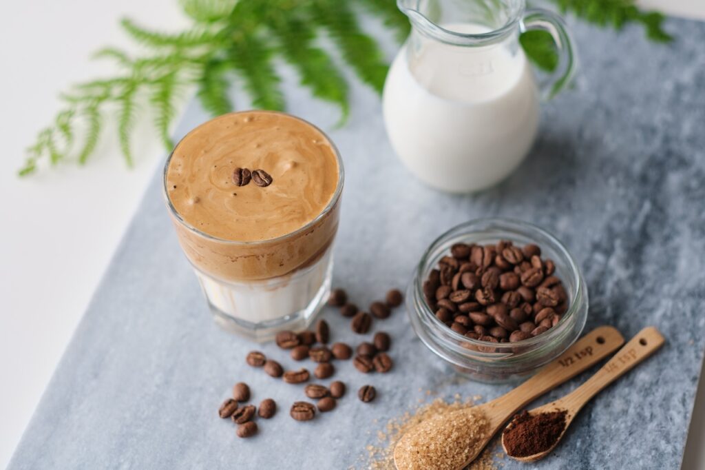 plant-based coffee on table next to ingredients